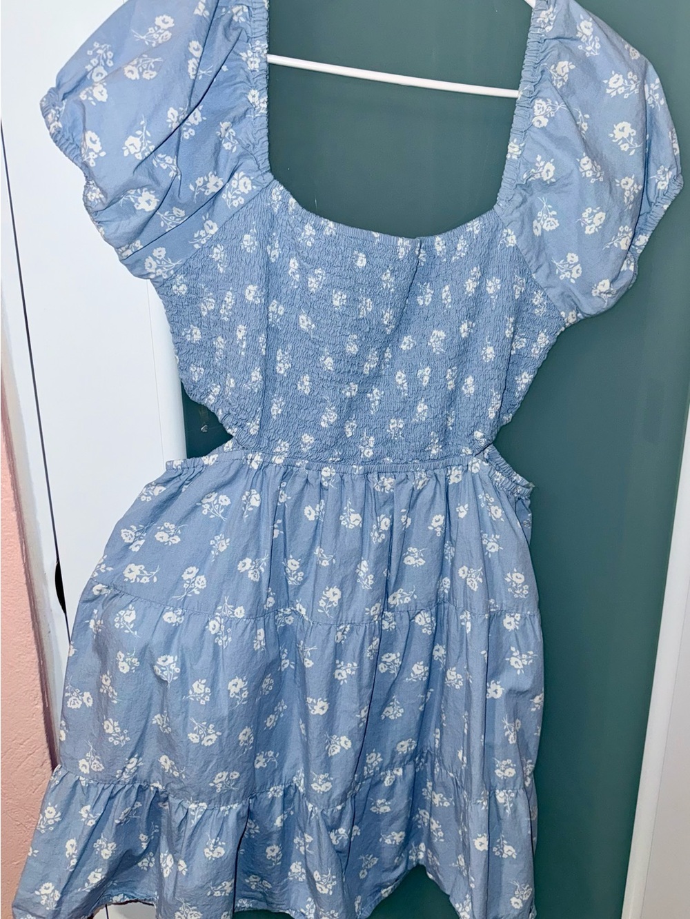 Blue Floral Smocked Puff-Sleeve Kids Dress